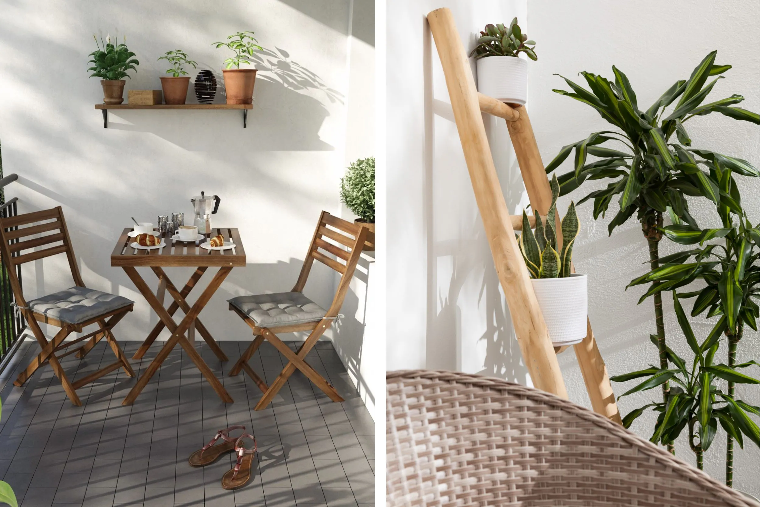 Balkon mit kleinen Pflanzkübeln und grünen Pflanzen
