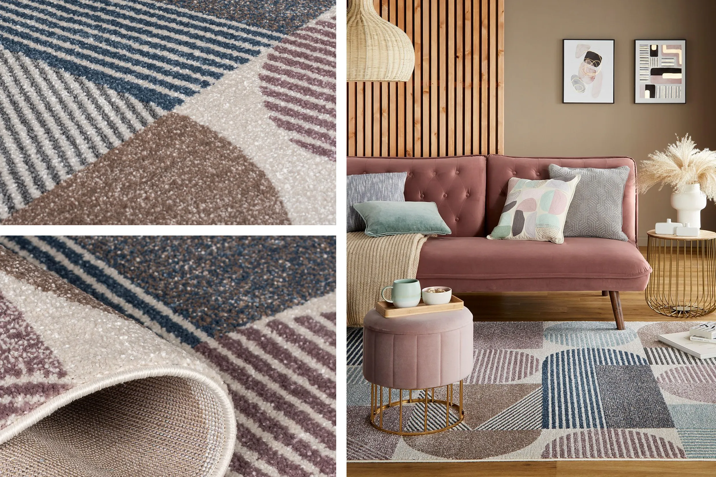 Rosa gemusterter Kurzflorteppich und rosa Pouf sowie rosa Polstersofa