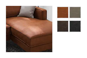 Montage présentant la microfibre Yaka utilisée sur le canapé Fort Dodge, dans ses différents coloris cognac, marron, noix de muscade et noir, et qui s'accomode très bien d'un style industriel.