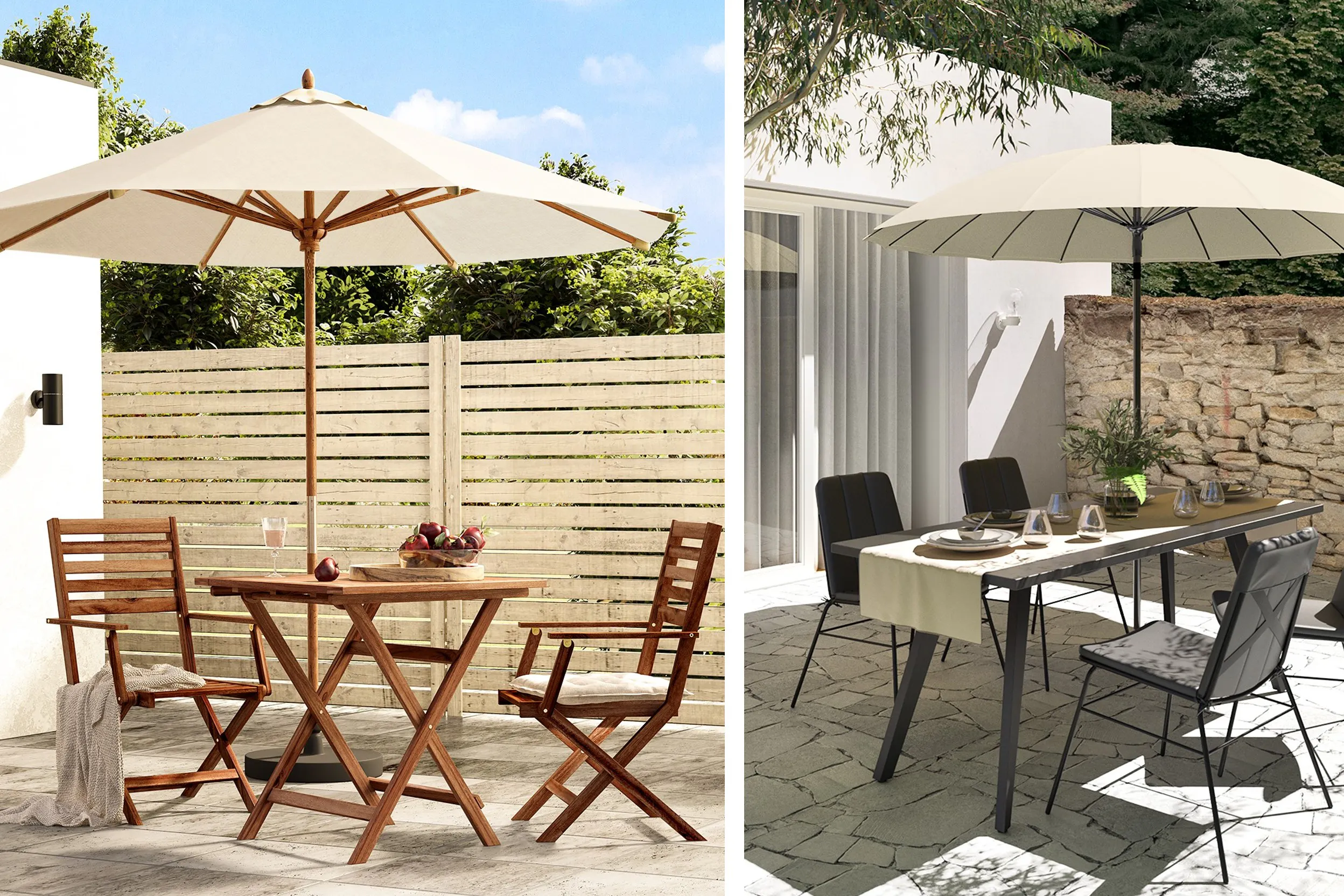Gartensitzecke mit Sichtschutz und Sonnenschutz durch Sonnenschirm draußen