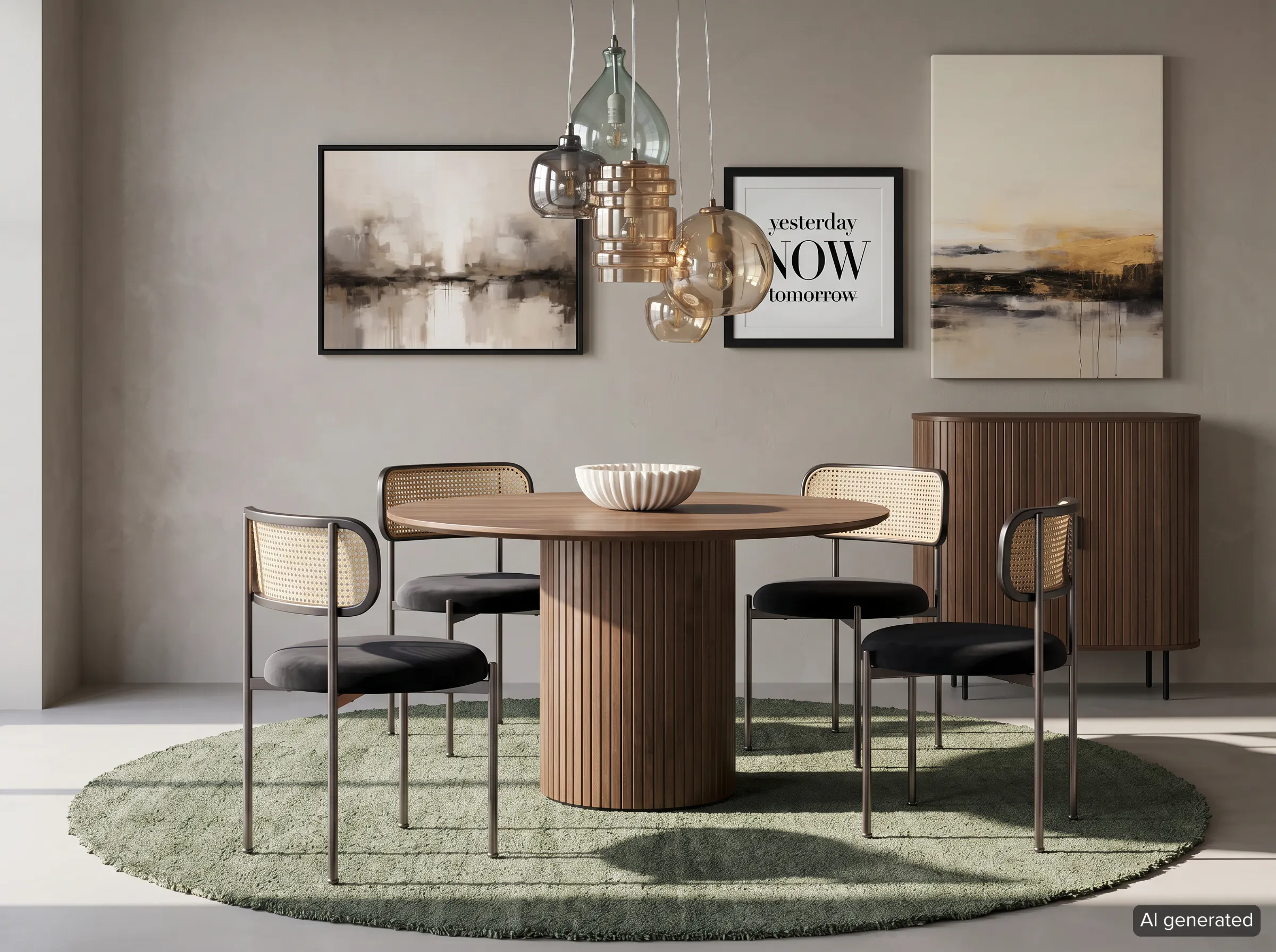 Moderne Esszimmer-Szenerie, zentriert um einen runden Esstisch aus Holz mit geriffelter Säulenbasis. Vier Stühle mit Rattanlehnen und schwarzen Sitzen sind um den Tisch angeordnet. Alle Möbel stehen vollständig auf einem runden, mintgrünen Kurzflorteppich (Modell Mino aus der Kollektion Fashion for Home von home24). Im Hintergrund an der grauen Wand hängen gerahmte Bilder und eine moderne Hängelampe. Bild ist KI-generiert.