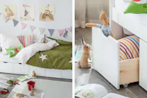 Kinderbett mit integrierten Schubladen für Stauraum
