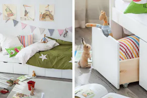 Kinderbett mit integrierten Schubladen für Stauraum