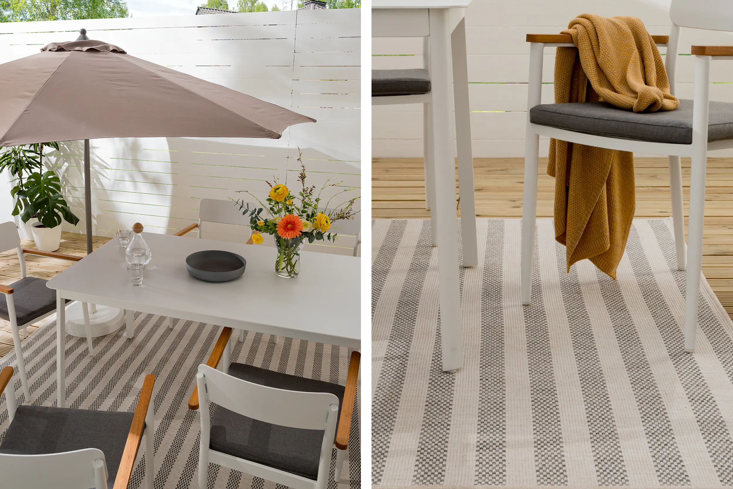 Outdoor-Bereich mit gestreiftem Teppich, rosa Sonnenschirm und weissen Gartenstühlen