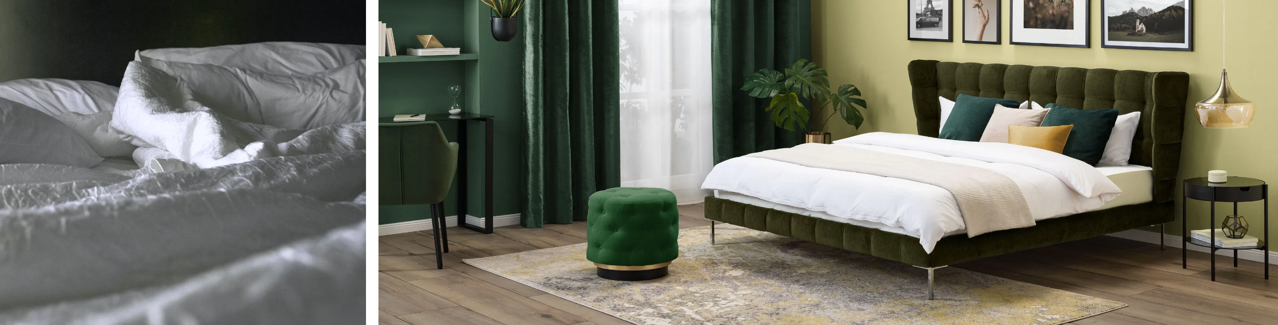 Combo de deux photos, l'une de linge de lit blanc froissé, l'autre d'une chambre aux tons verts, y compris les rideaux, les meubles et la déco, le lit, et dont löe linge est blanc