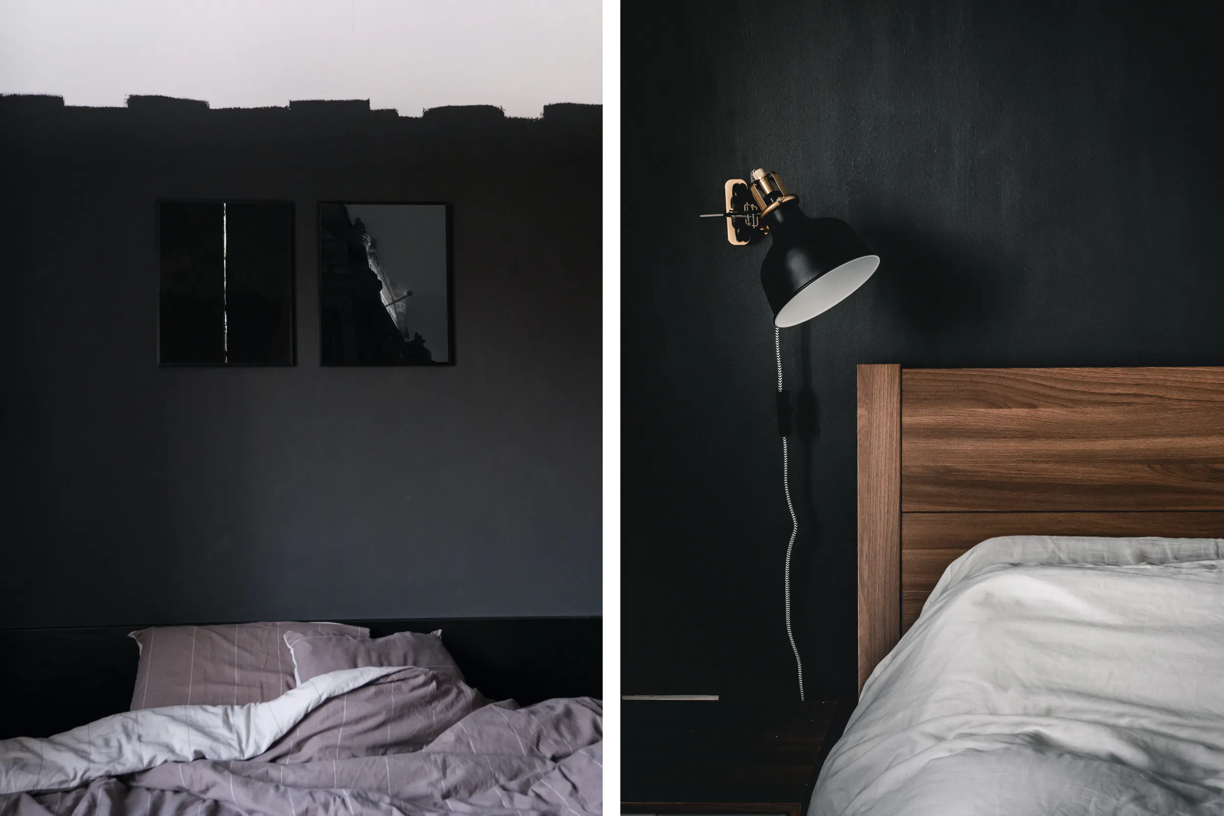 Mur noir dans une chambre à coucher avec plafond blanc, lit à sommier en bois, petits tableaux décoratifs noirs et lampe noire