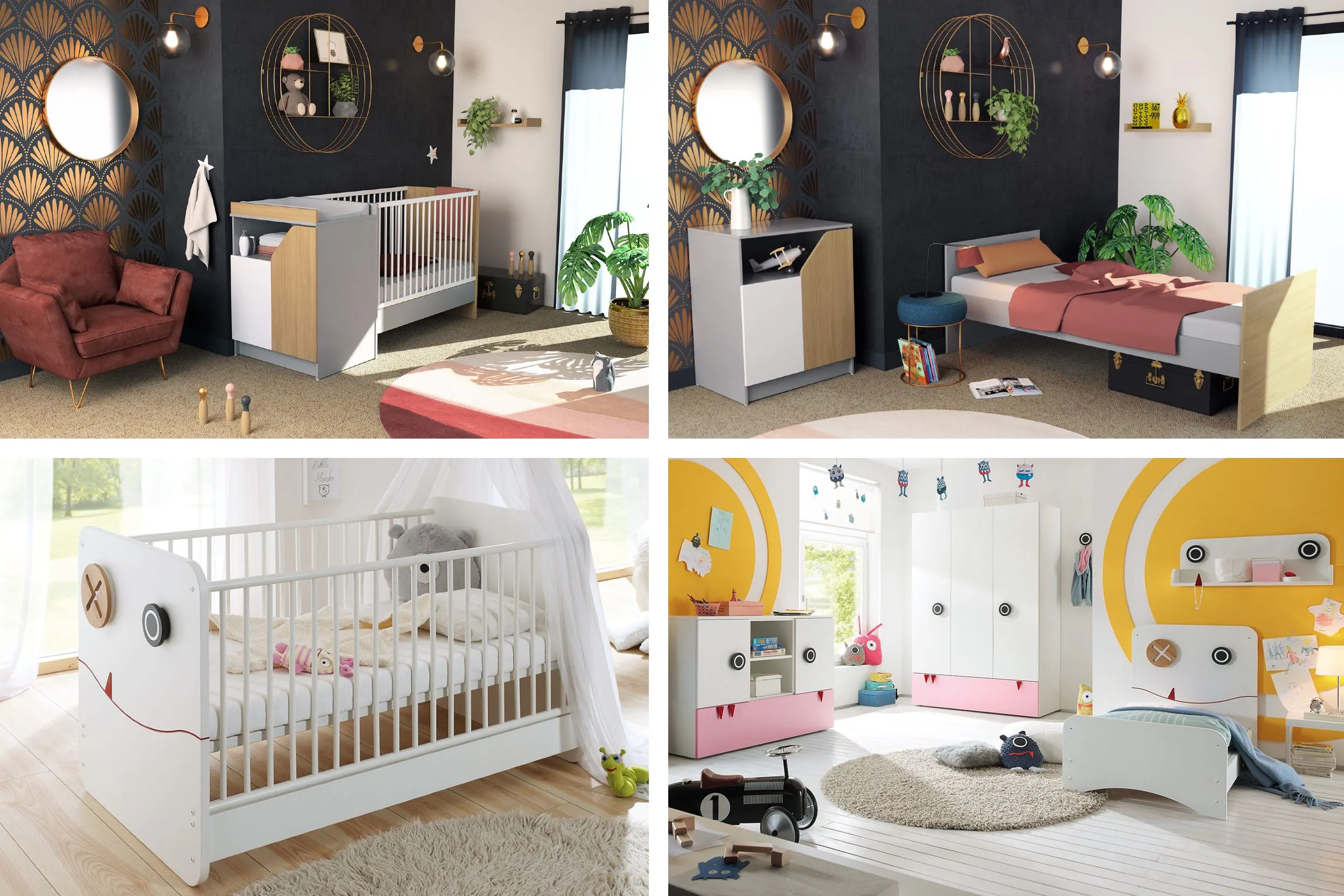 Quatre photos, par paires. La première paire montre un lit évolutif combiné à barreaux pour bébé, en bois blanc, gris et marron clair, avec une commode attachée dans les mêmes tons, dans une chambre aux murs noirs et or; dans la 2nde photo, le lit devient un lit d'enfant ouvert et la commode est un meuble détaché. La seconde paire montre un lit de bébé en bois massif blanc, avec barreaux et ciel de lit; la 2nde photo le montre en lit d'enfant bas, avec les autres meubles assortis - armoire, commode etc. - dans une chambre aux tons jaune, blanc et rose