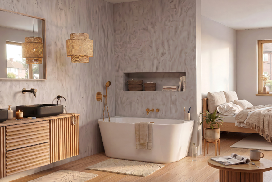 Quand la salle de bains et la chambre ne font plus qu’un : une baignoire îlot, des meubles de salle de bains en bois, un lit en bois massif et des textiles aux tons clairs.