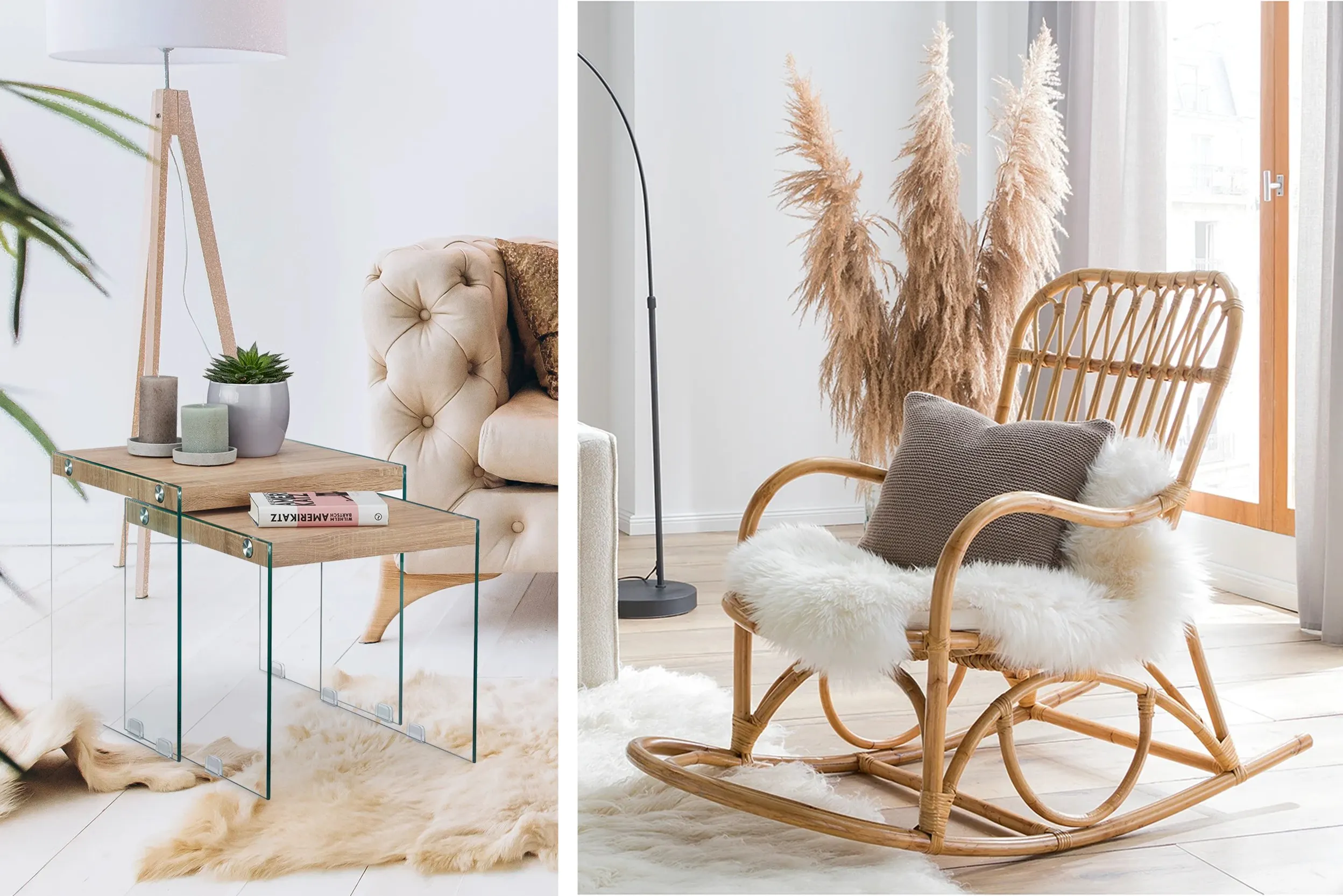 Collage di immagini: sulla sinistra si vedono dei tavoletti impilabili con gambe in vetro e piano in legno chiaro. Sulla destra una sedia a dondolo in rattan chiaro con una pelliccia sintetica bianca sul sedile e un cuscino grigio.
