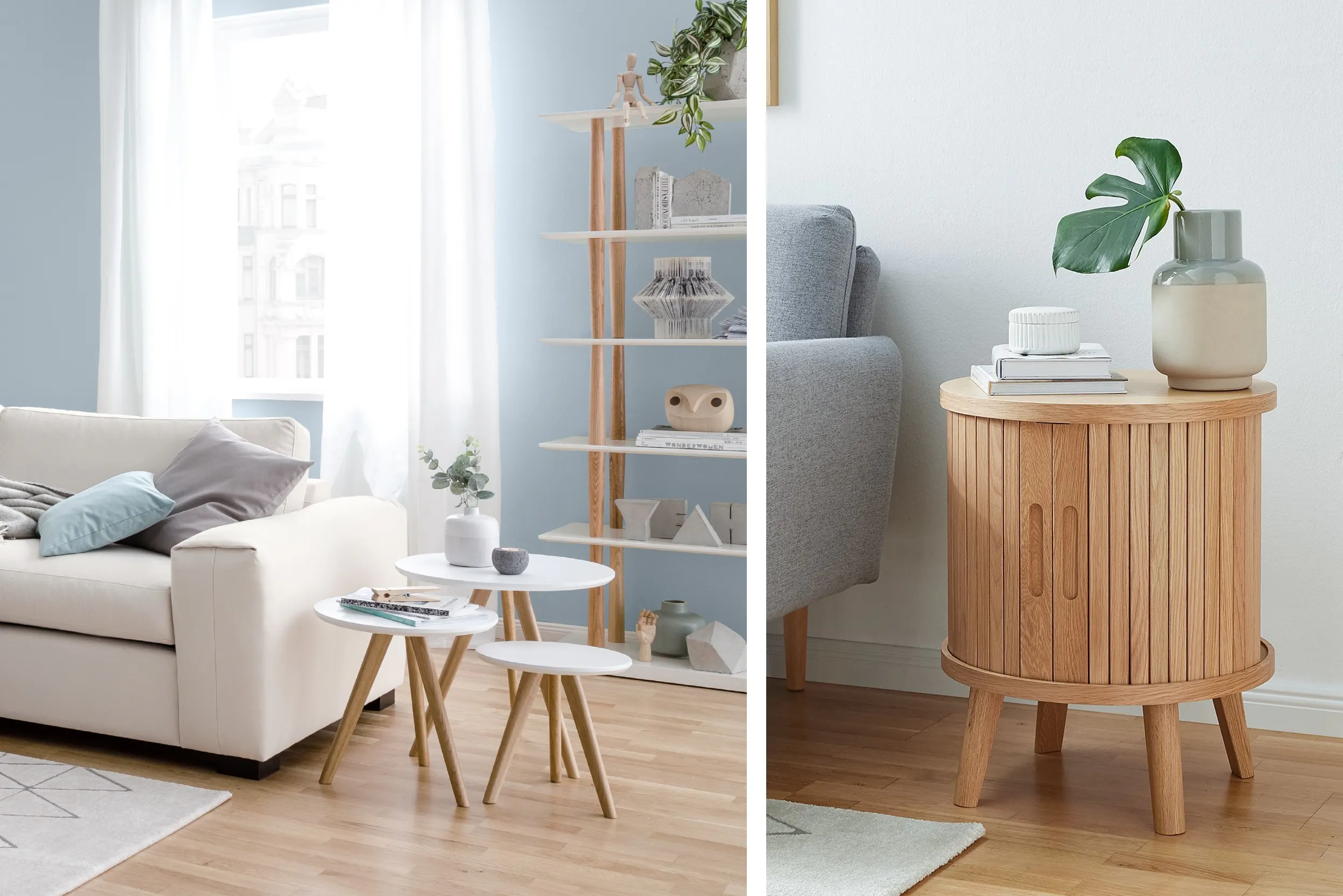 Collage di due immagini: la prima a sinistra mostra un set di tavolinetti in stile scandinavo bianchi e beige e sulla destra un piccolo tavolo contenitore in legno chiaro.