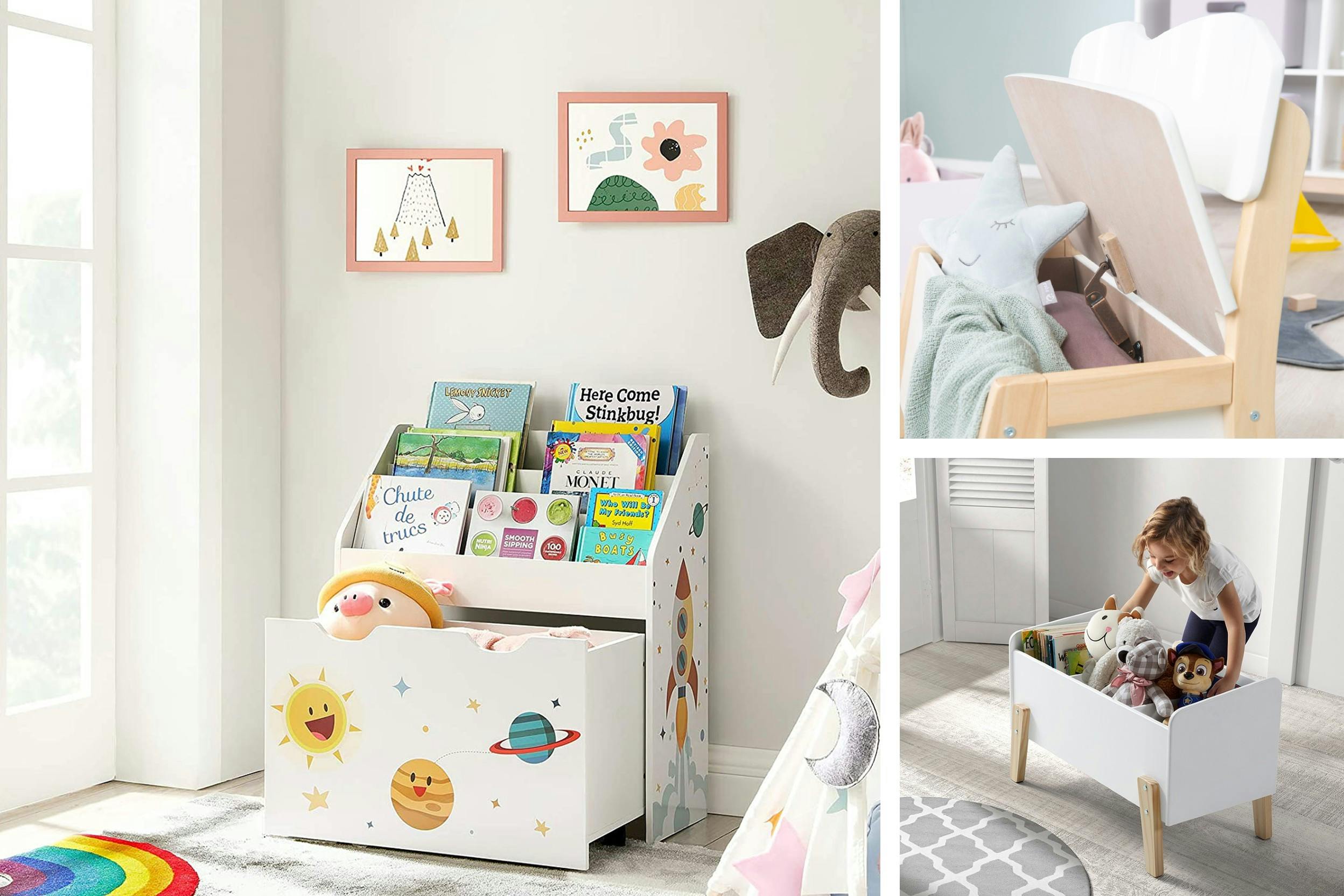 3 weiße Stauraum-Möbel fürs Kinderzimmer: Bücherregal (links), Truhe mit Kuscheltieren (r. u.), Bank mit Stauraum (r. o.).