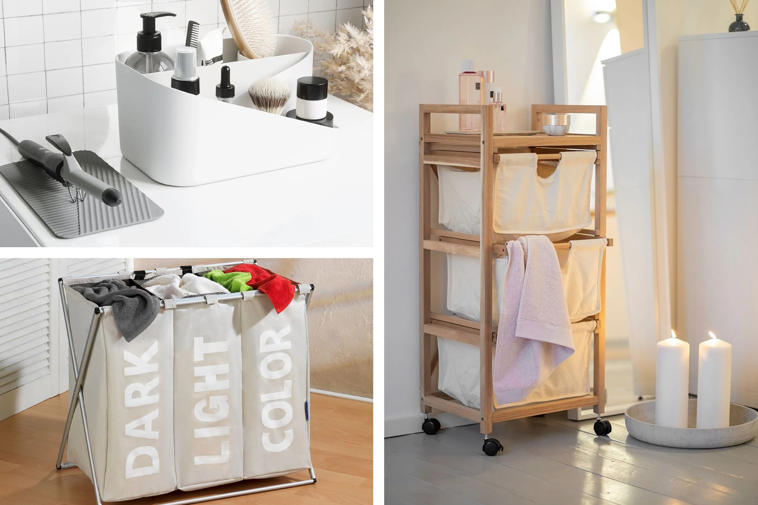 Combo photos de chariot à roulettes pour rangement salle de bains, d'un panier à linge en trois compartiments, et d'un organisateur pour salle de bains
