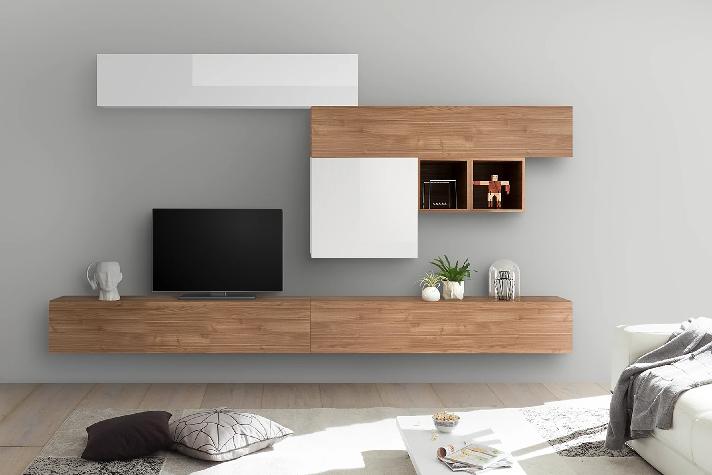 Moderne wohnwand holzdekor und hochglanz weiss