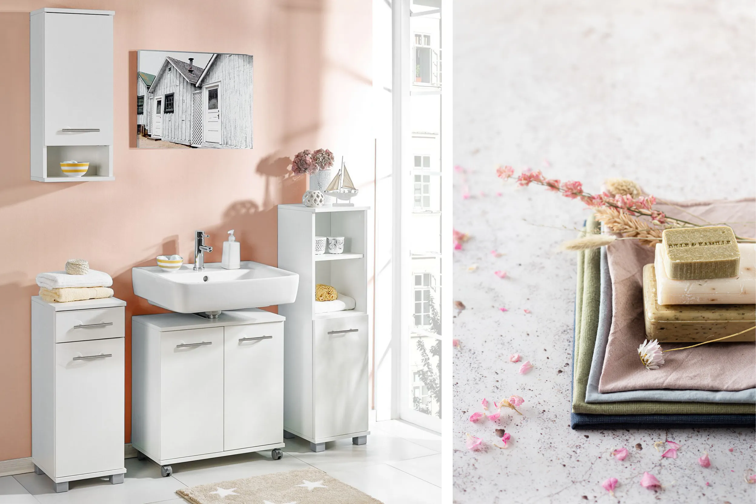 Roze badkamer met witte badkamermeubels