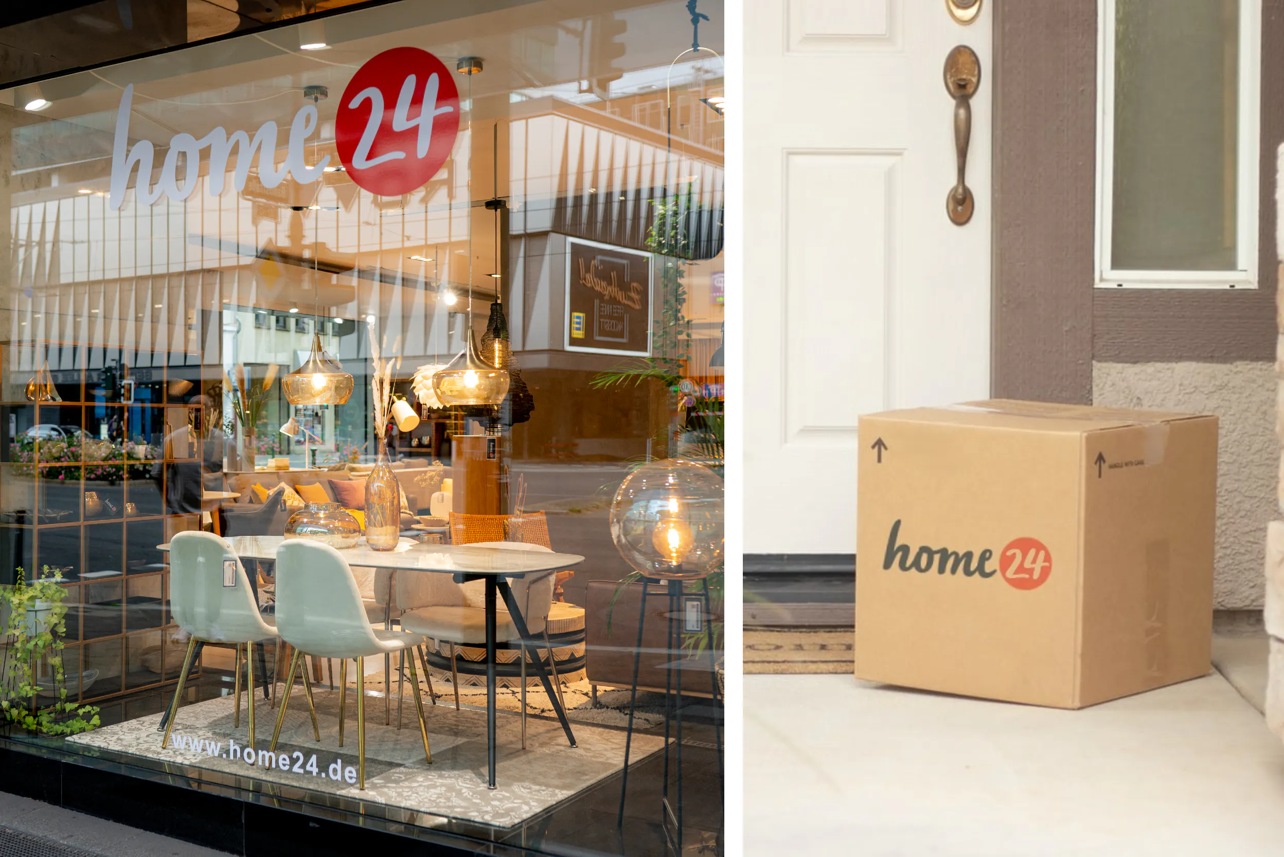 Showroom von home24 und Lieferung eines home24 Pakets vor der Tür