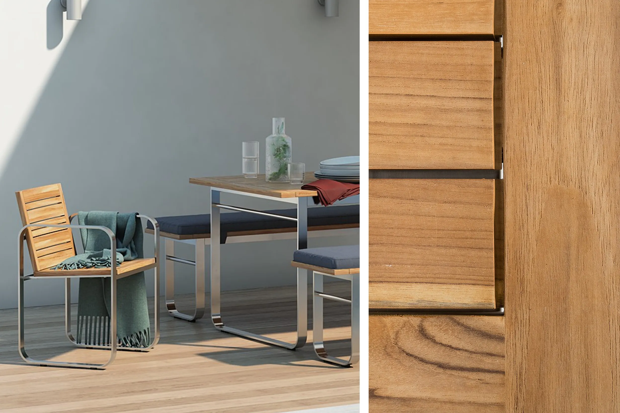 Gartenbänke, Gartentisch und Stuhl aus Teak und Metall für draussen