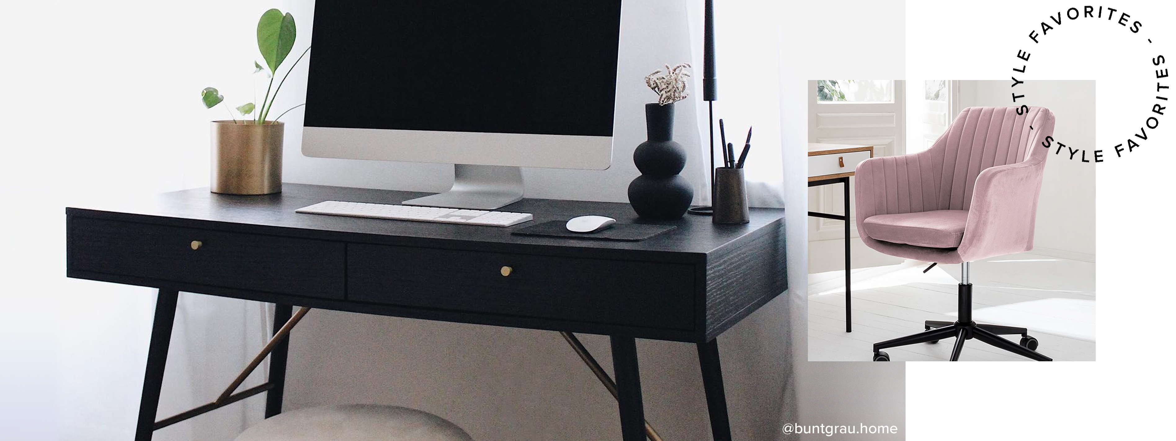 Schickes Homeoffice mit schwarzem Holztisch und Polsterstuhl als Alternative zum klassischen Bürostuhl