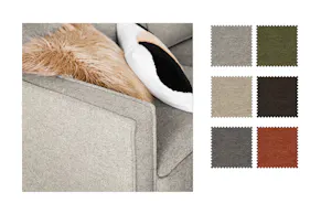 Collage mit dem Klassiker-Textil Webstoff Maila für Polsterserie Fort Dodge by kollected passend zu allen Wohnstilen wie Skandi, Modern, Natur oder Landhaus in großer Farbvielfalt mit neutralen Tönen wie Grau, Graubraun, Dunkelgrau und Beige sowie in Olivgrün und Terrakotta.