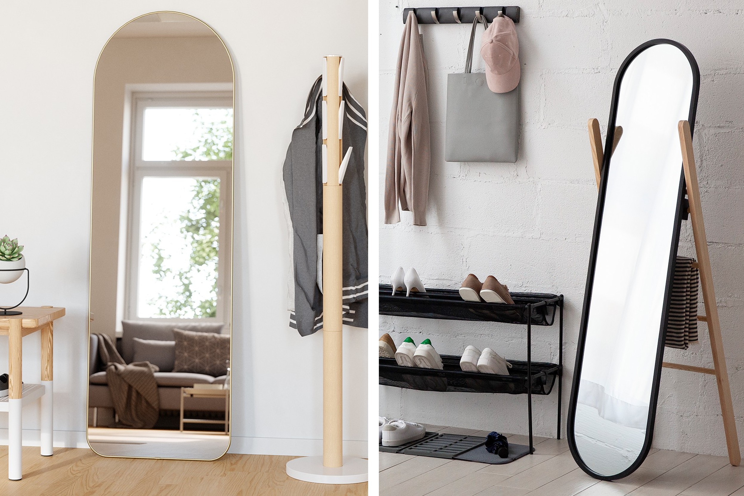 Passpiegel met afgeronde bovenkant die tegen de muur leunt, staande passpiegel met zwarte omlijsting in de gang.