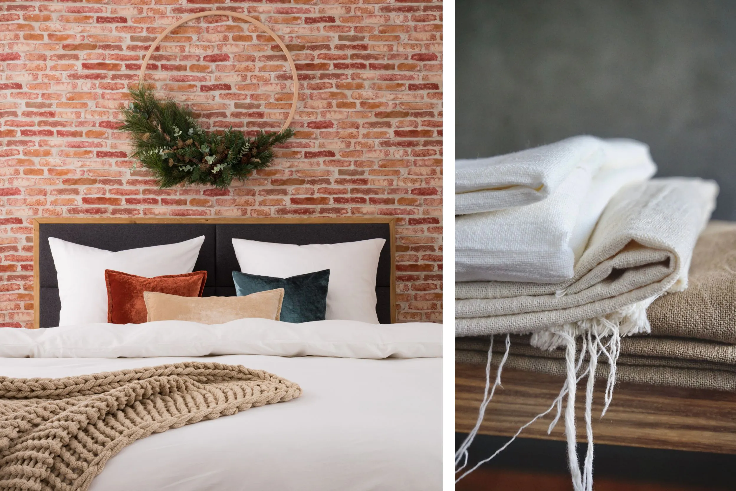Combo de deux photos, l'une d'un lit noir et bois clair, avec literie blanche, contre un mur en briques rouges, et une décoration murale faite de plantes artificielles