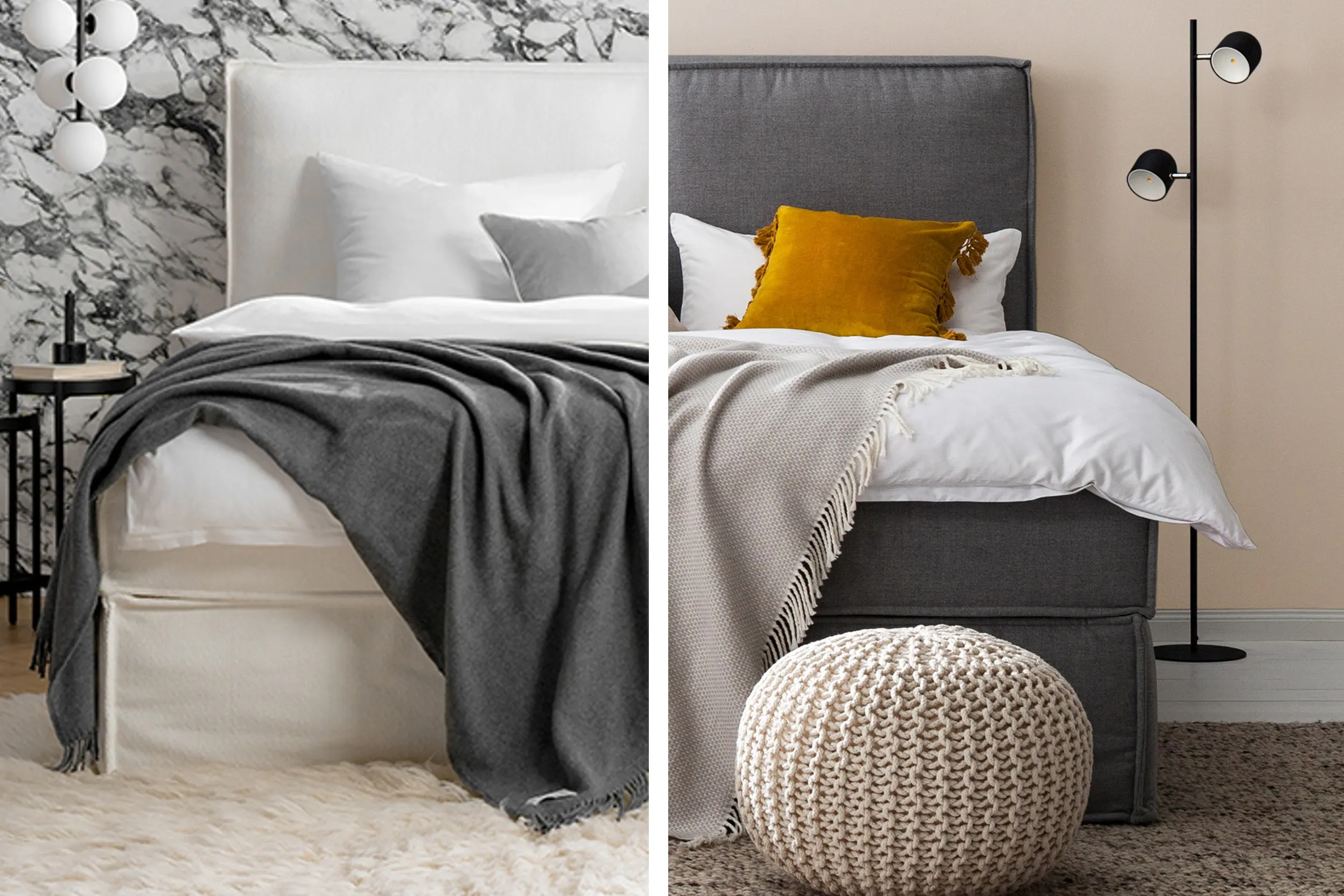 KINX Boxspringbett in Szene gesetzt in zwei Stilrichtungen. Links: klassisch elegant, rechts: im Scandi-Stil