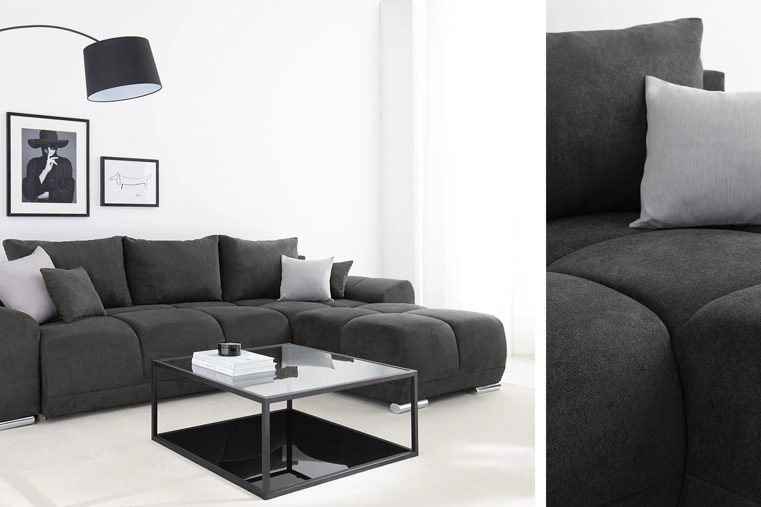 Schwarzes, pflegeleichtes Sofa mit Couchtisch und Stehlampe