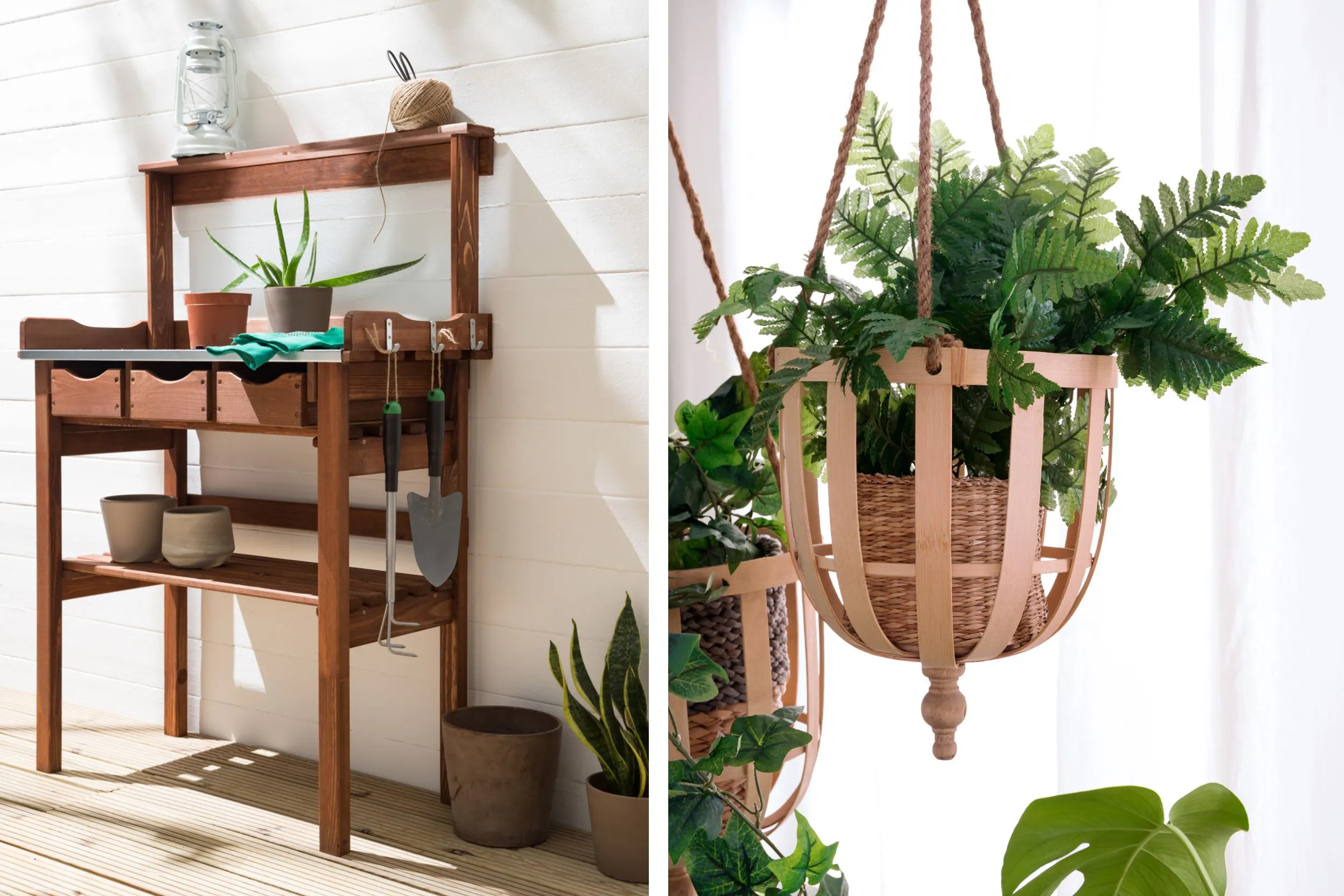 Regal aus Holz und hängender Pflanztopf
