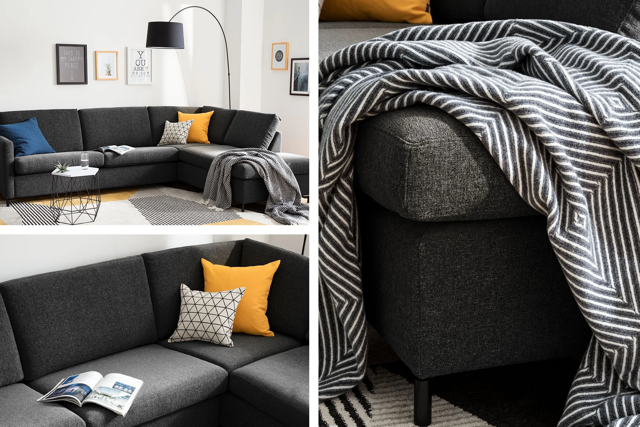 Schwarzes Ecksofa mit bunten Kissen und Decke vor weißer Wand mit farblich passenden Bildern