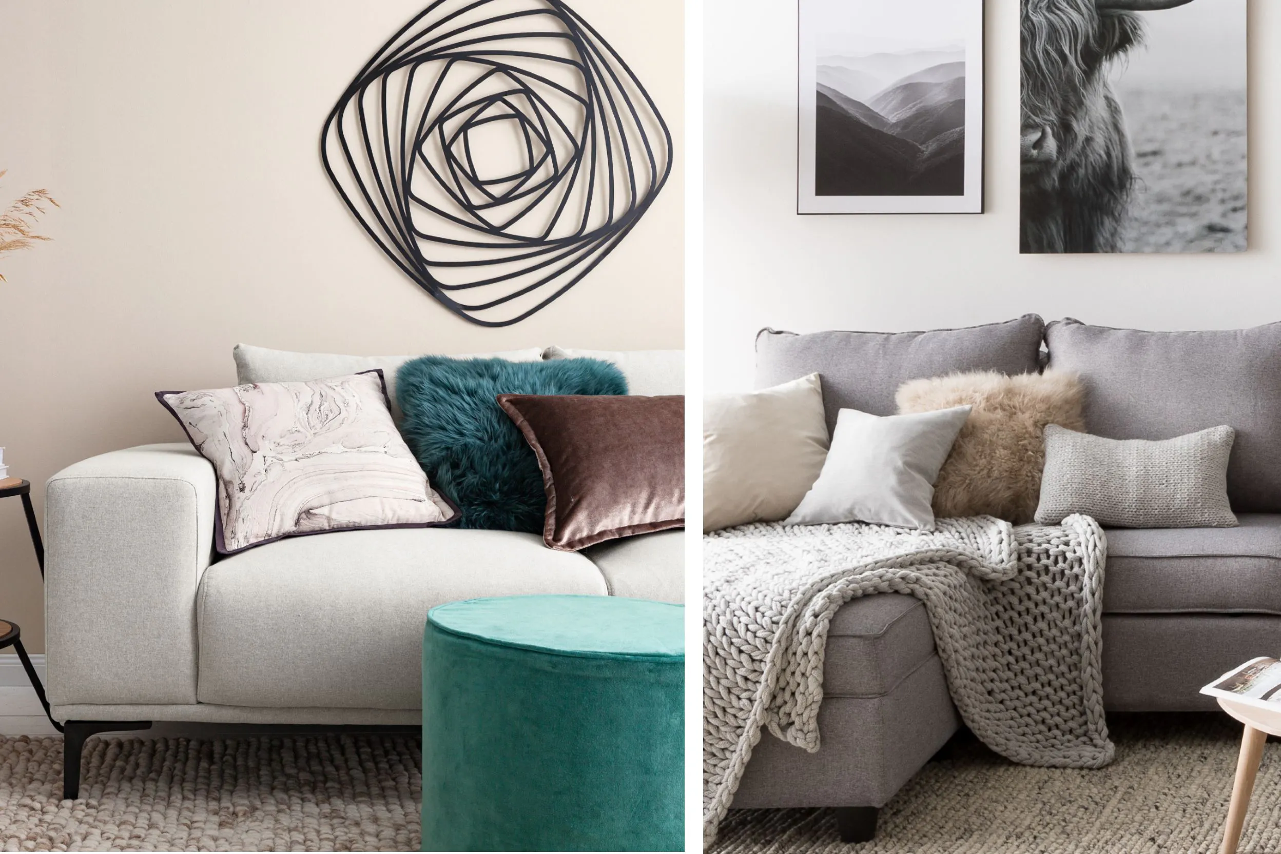 Helles Sofa mit vielen Kissen