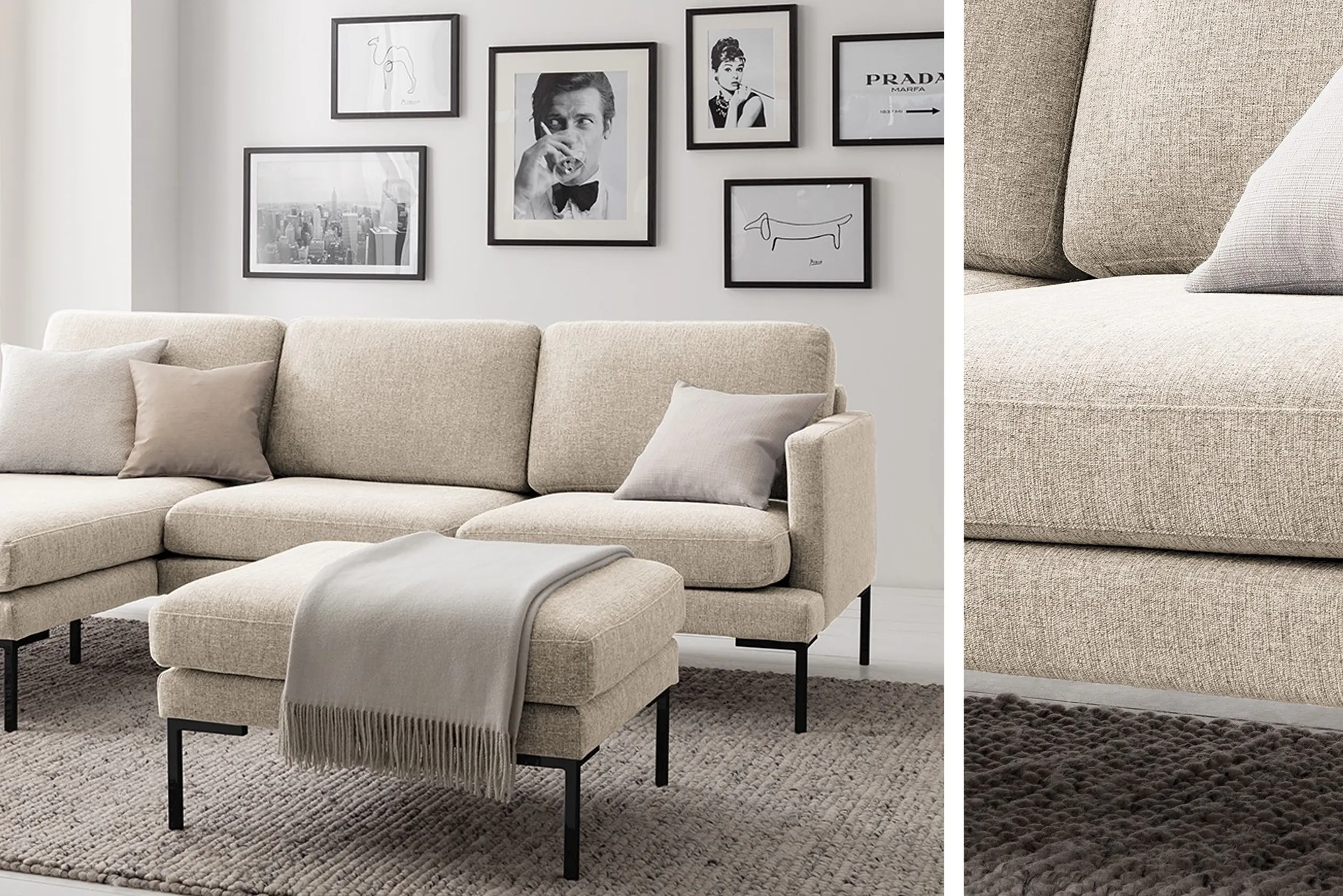 Cremefarbenes Sofa in hell eingerichtetem Wohnzimmer