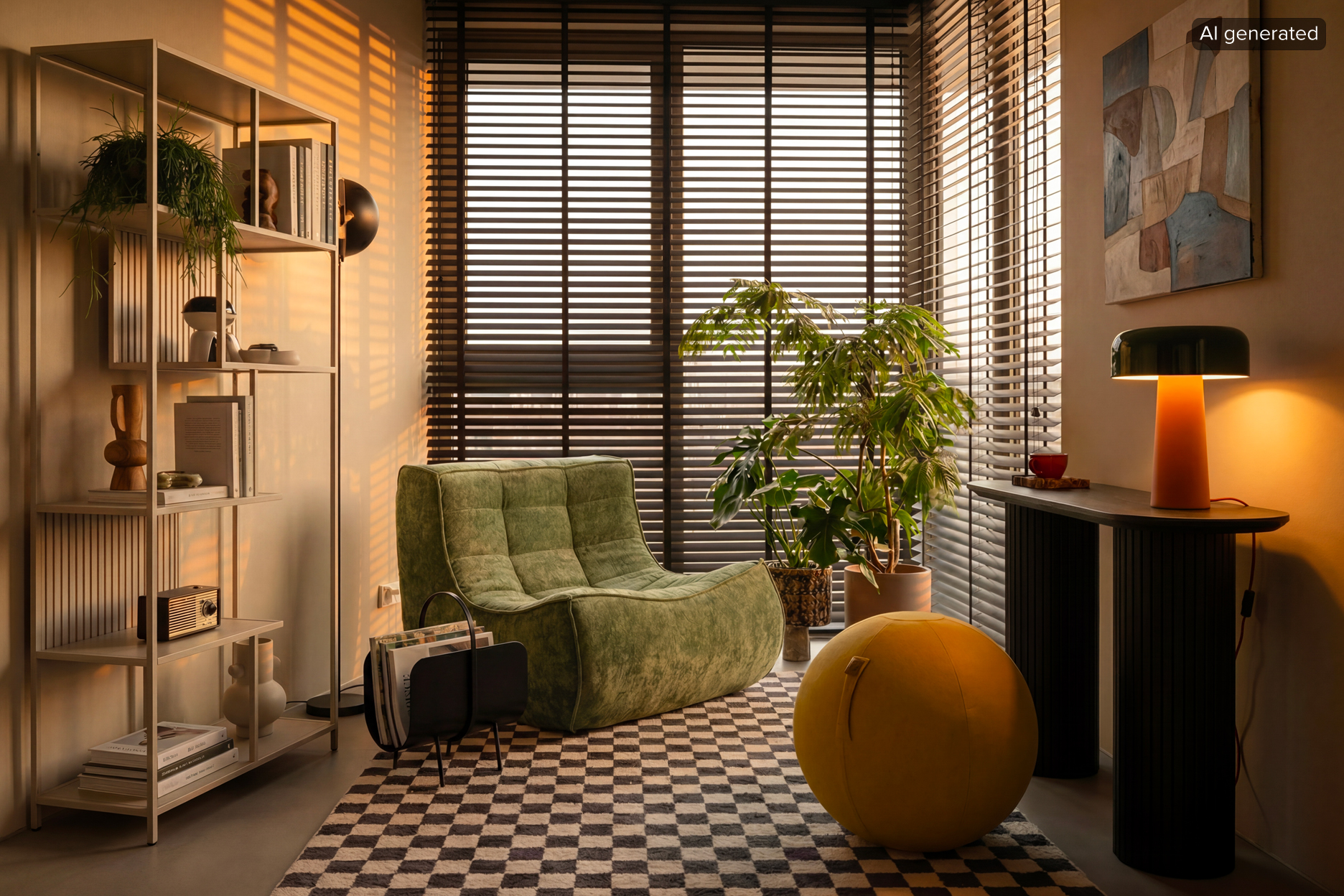 Bild ist KI-generiert. Office im Mid-Century-Stil mit Sessel, Zeitungsständer, Sitzball und einem offenen Regal.