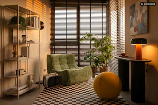 Bild ist KI-generiert. Office im Mid-Century-Stil mit Sessel, Zeitungsständer, Sitzball und einem offenen Regal.