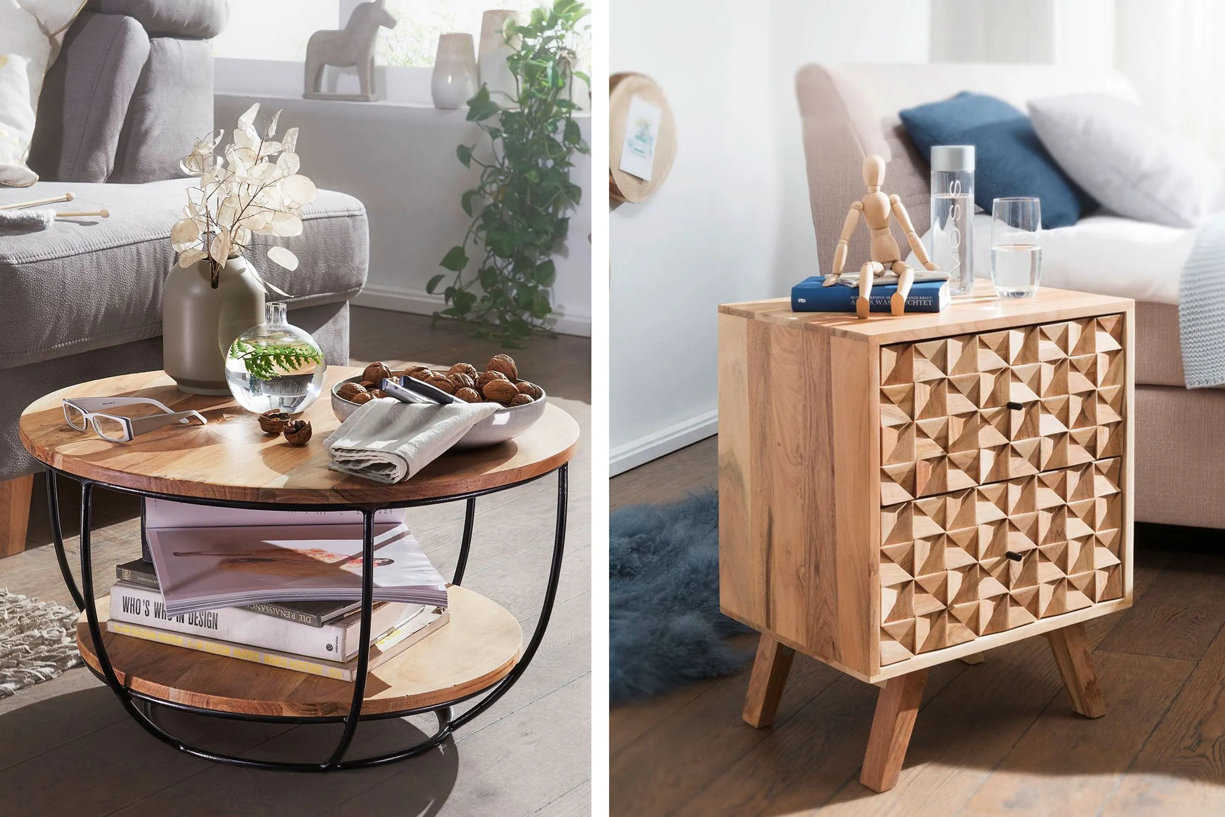Holz-Couchtisch mit schwarzem Metallgestell vor grauem Sofa sowie Nachttisch neben Bett
