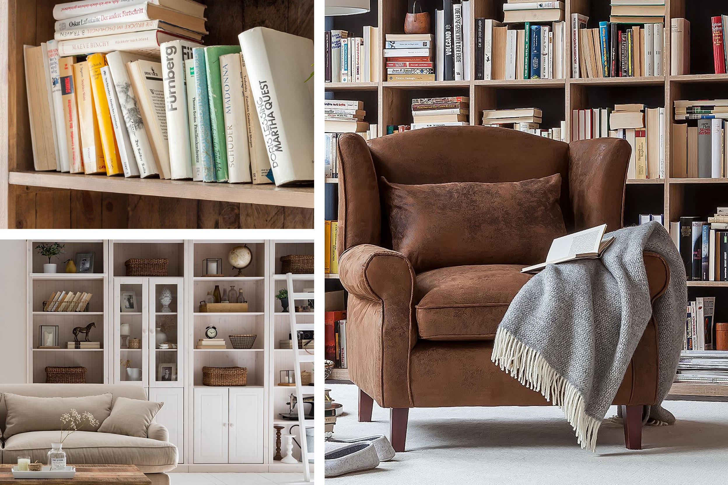 Brauner Sessel vor Bücherregal und Bücherwand mit Leiter