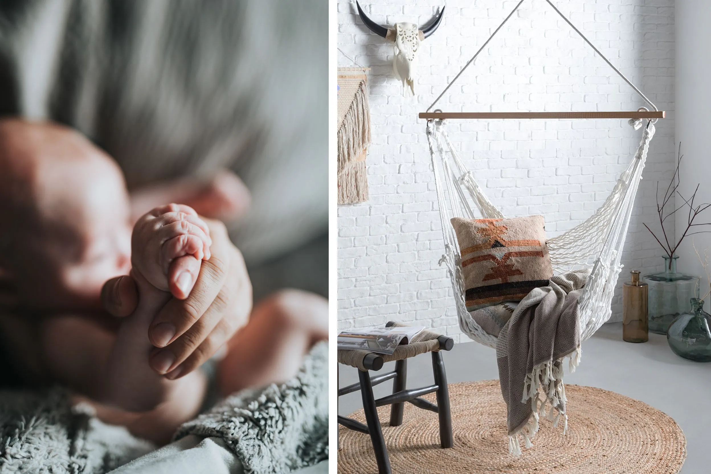 Baby in den Armen seiner Mutter und Hängesessel als Alternative zum Stillen