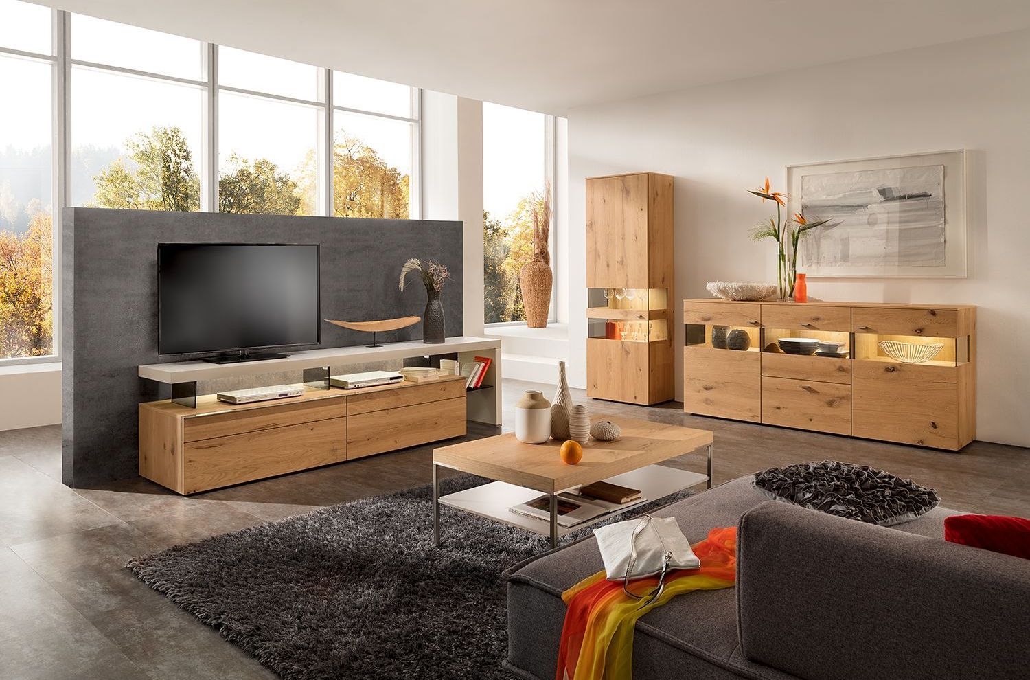 Salon avec baie vitrée, tapis et canapé  gris sombre, table basse rectangulaire en bois clair, et ensemble de meubles de rangement et tv en bois clair avec tv et accessoires déco 
