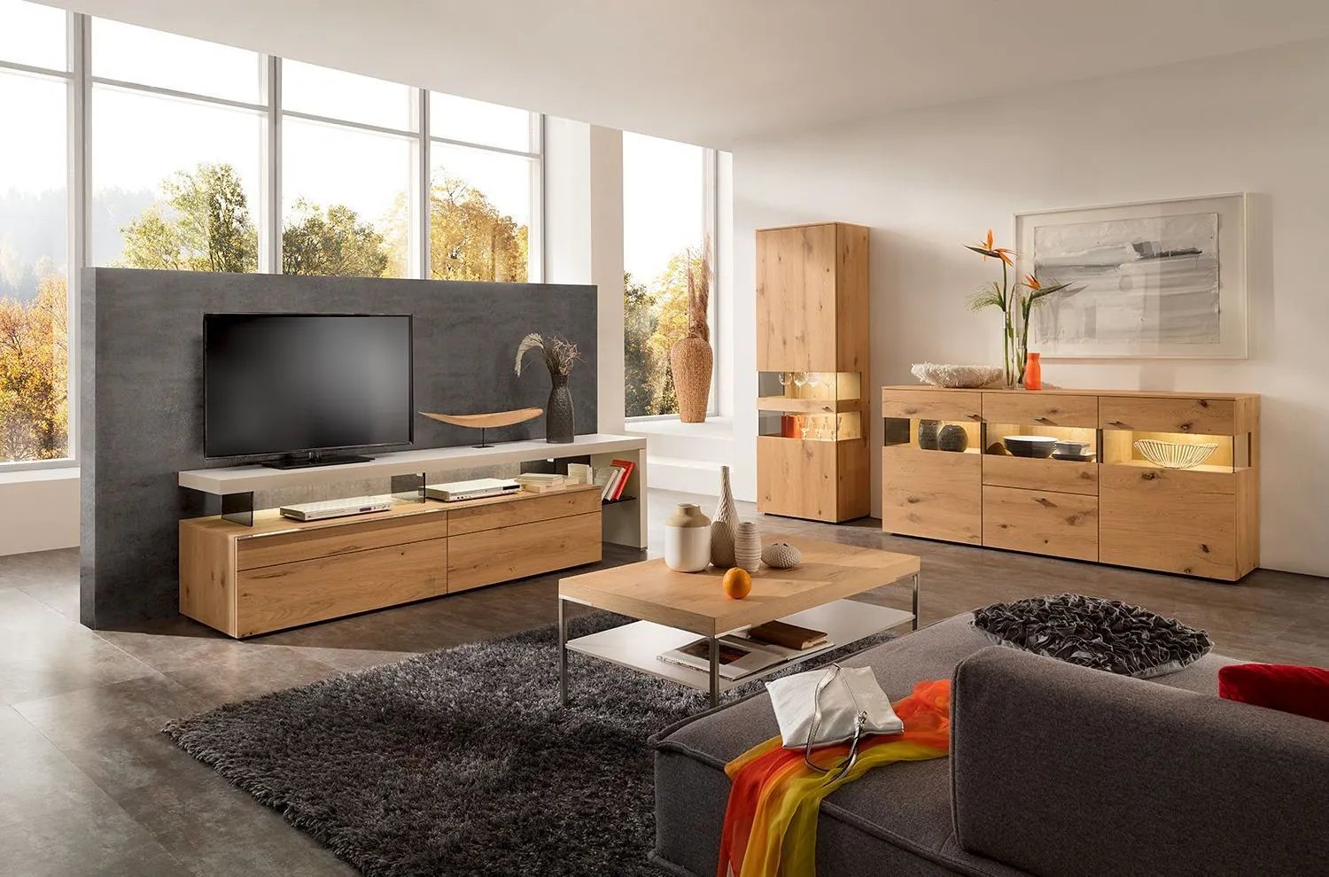 Salon avec baie vitrée, tapis et canapé gris sombre, table basse rectangulaire en bois clair, et ensemble de meubles de rangement et tv en bois clair avec tv et accessoires déco