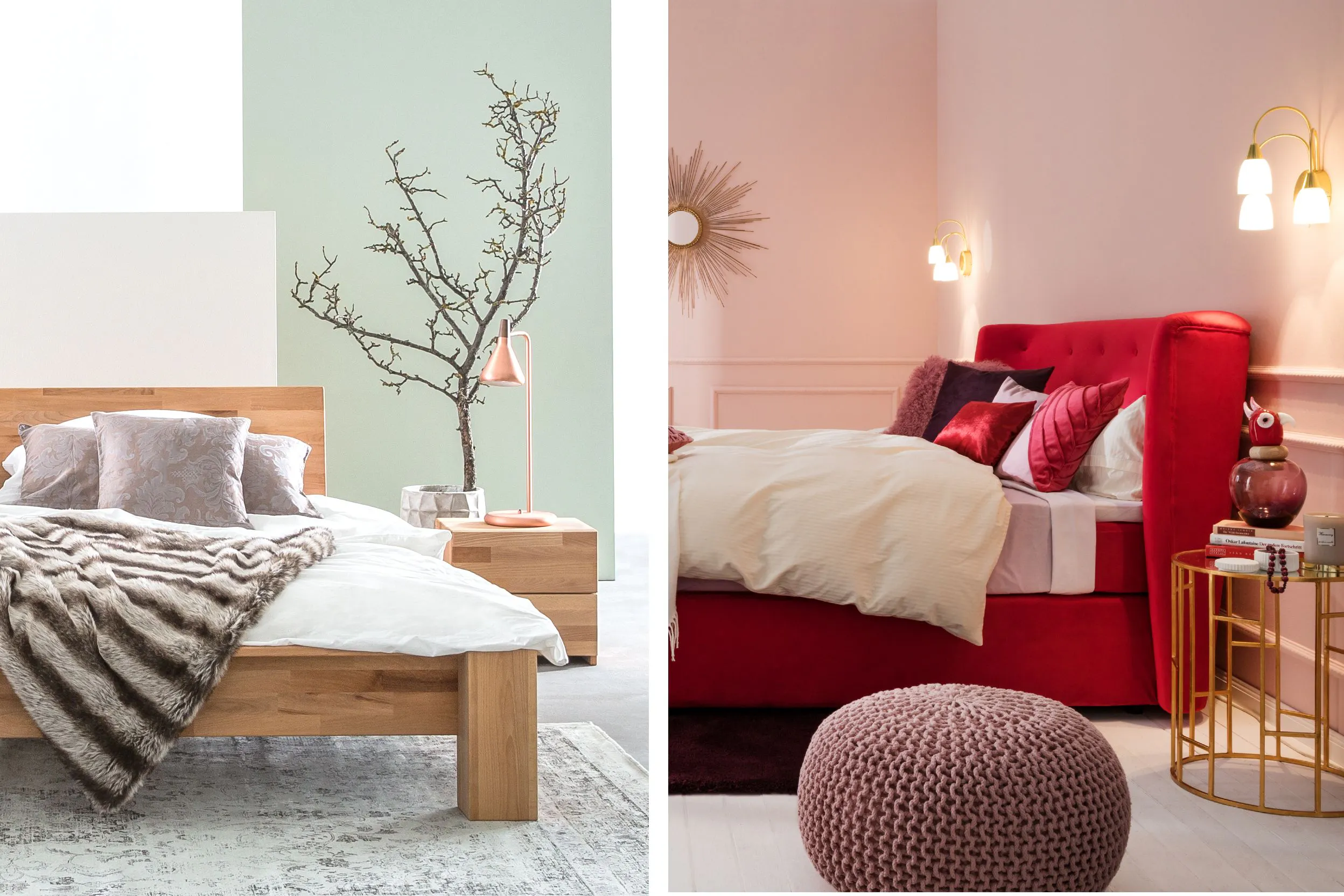 Combo de deux photos de chambres a coucher aux murs de couleurs pastel: l'une a un mur blanc et vert amande, un lit en bois clair une table de chevet en bois clair, une literie blanche. L'autre a un lit capitonné rouge, une literie blanche et rouge, des murs de couleur rose clair.