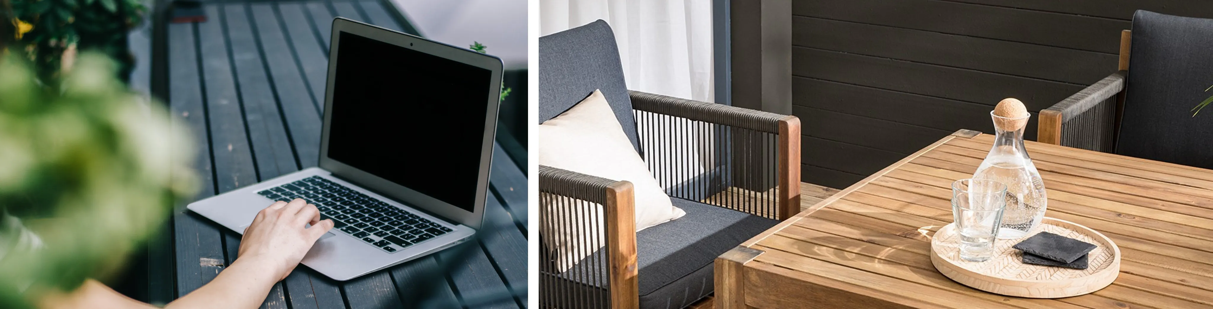 Arbeitsplatz draußen mit aufgeklapptem Laptop, Gartensessel und Karaffe auf Holztablett