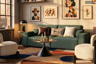 Bild ist KI-generiert. Wohnzimmer im modernen Art-déco-Look mit Retro-Möbeln, einem Cordsofa als Hingucker sowie einer bunten Gallery Wall.