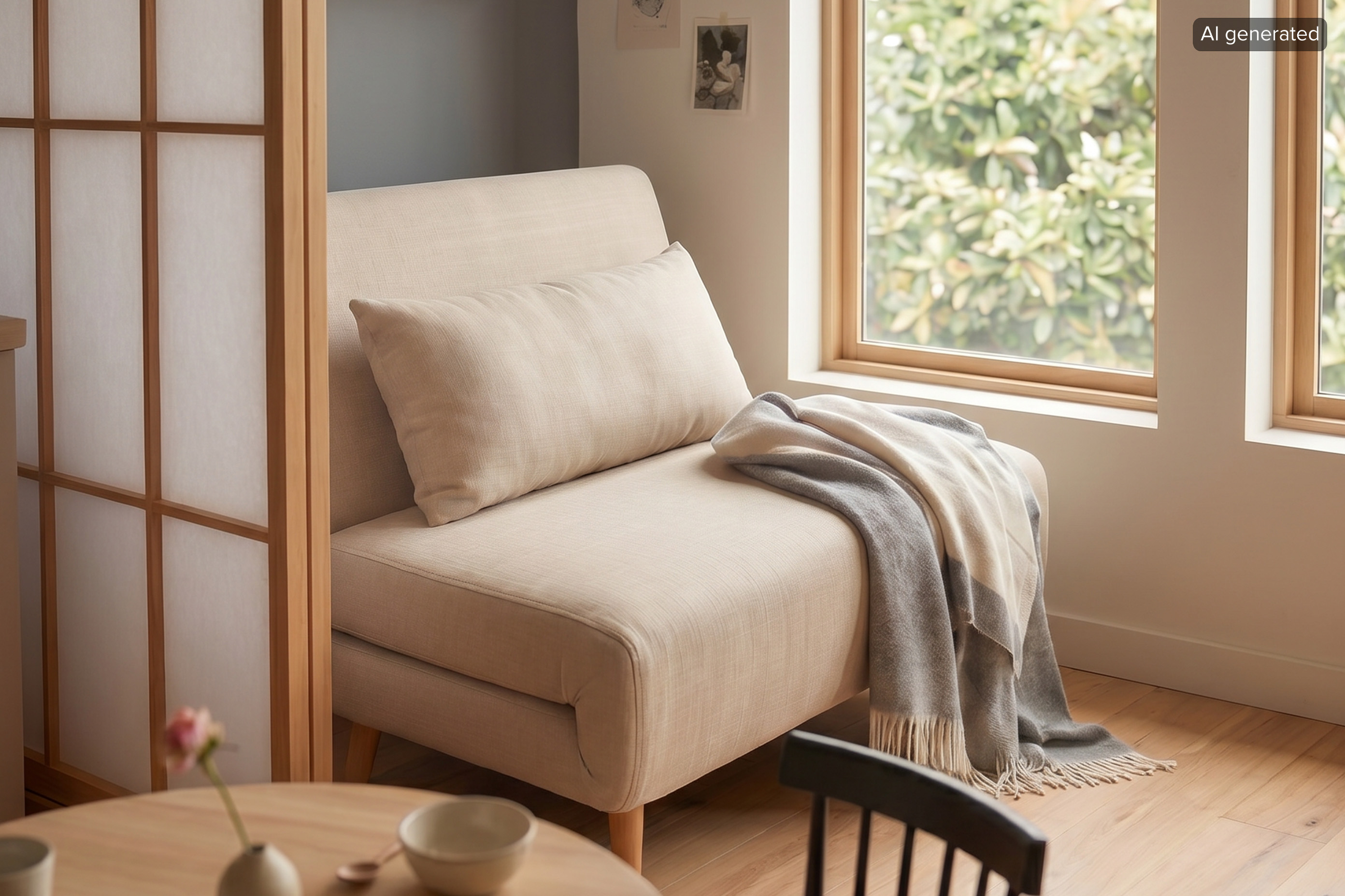Schlafsessel in beige in kleinem Japandi-Wohnzimmer.
