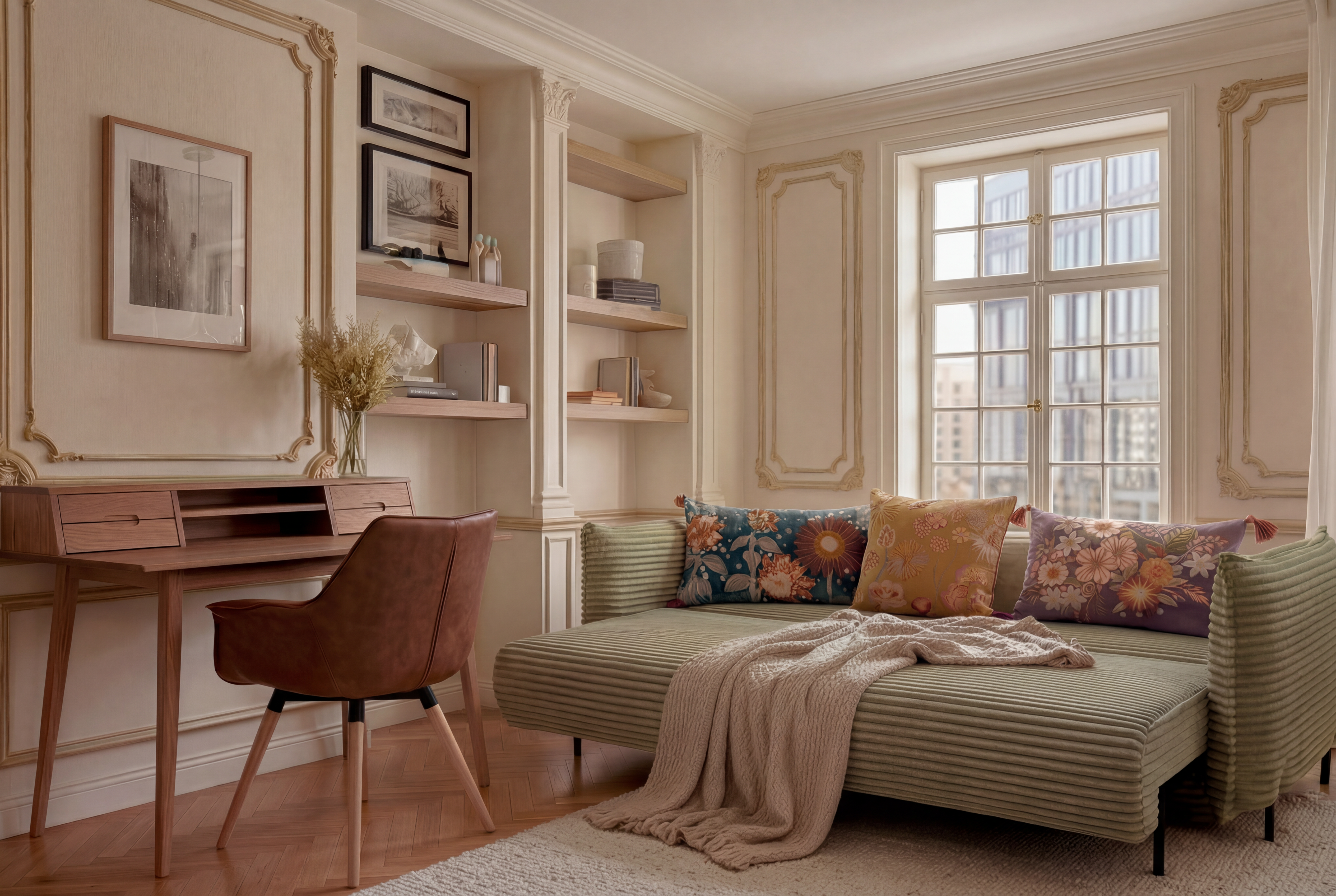 Ausklappbares Schlafsofa aus hellgrünem Cord mit bunten Blümchen-Kissen im Boho-Look, dazu ein Sekretär aus dunklem Holz im Retro-Stil sowie ein Armlehnenstuhl aus dunklem Leder.