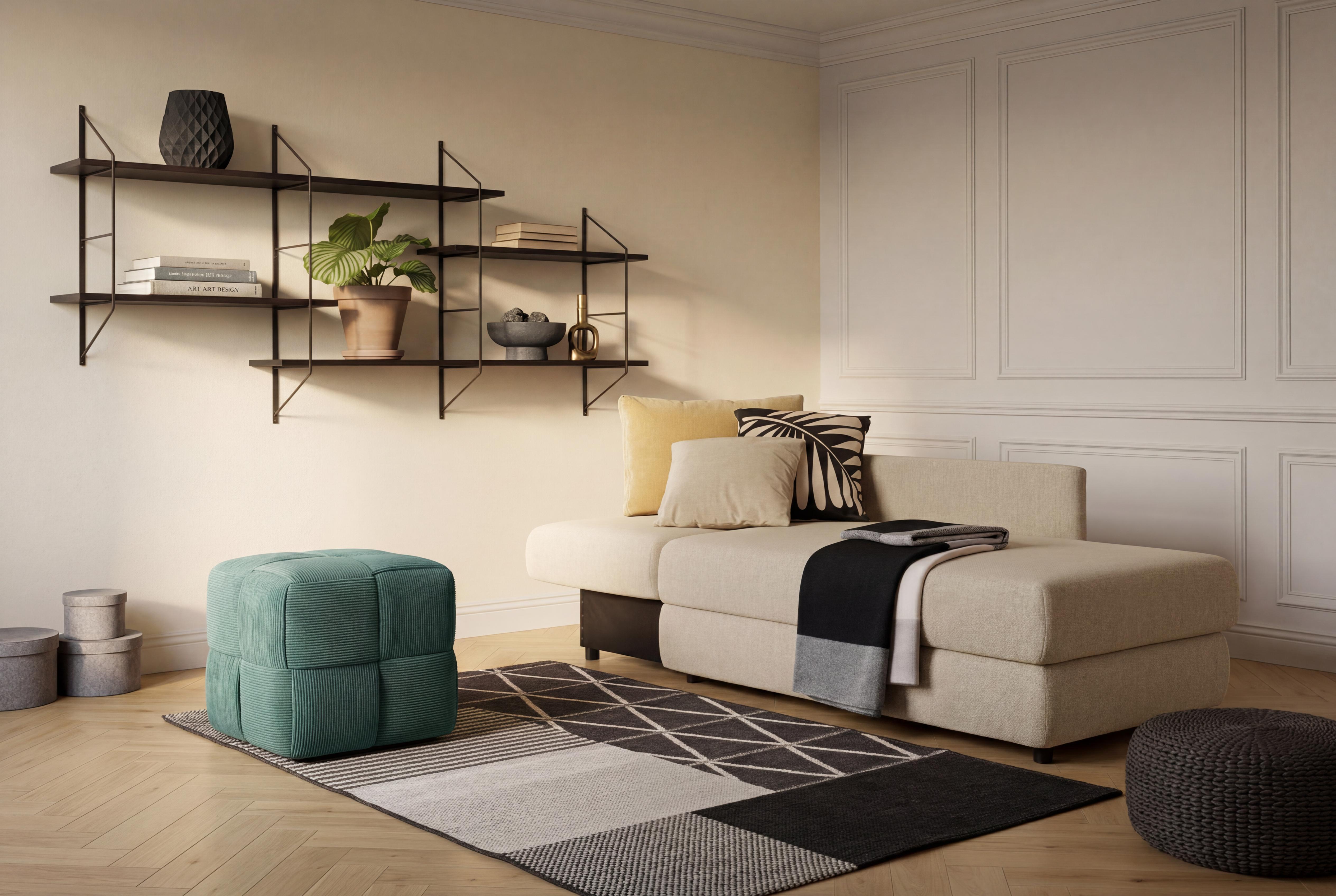 Beiges Schlafsofa zum Ausklappen, dazu ein schwarzes Wandregal und ein grüner Pouf.