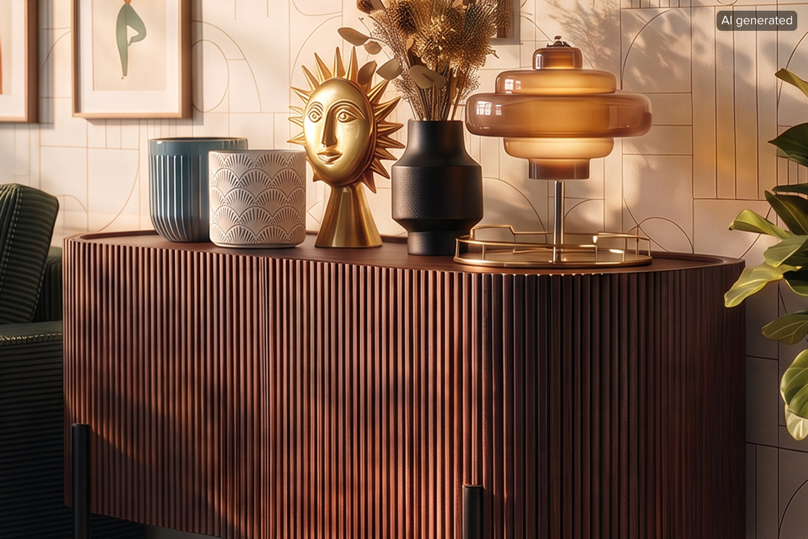 Bild ist KI-generiert. Sideboard aus dunklem Holz im Retro-Stil mit Lamellen sowie schwarzen Möbelbeinen, dazu stilvolle Deko.