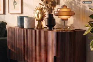 Bild ist KI-generiert. Sideboard aus dunklem Holz im Retro-Stil mit Lamellen sowie schwarzen Möbelbeinen, dazu stilvolle Deko.