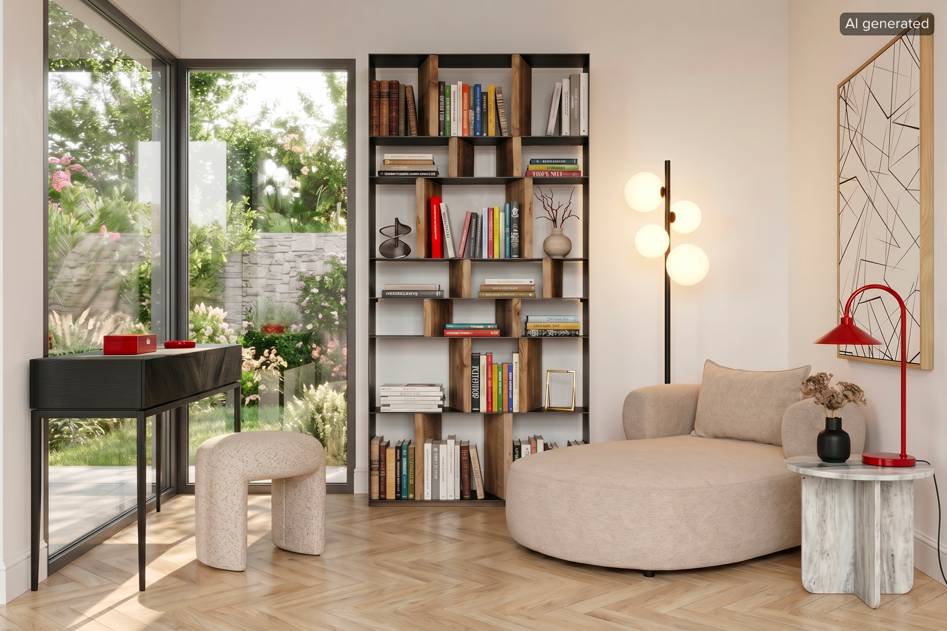 Bild ist KI-generiert. Modernes Büro mit kompaktem Schreibtisch, offenem Bücherregal und beigem Loungesessel.