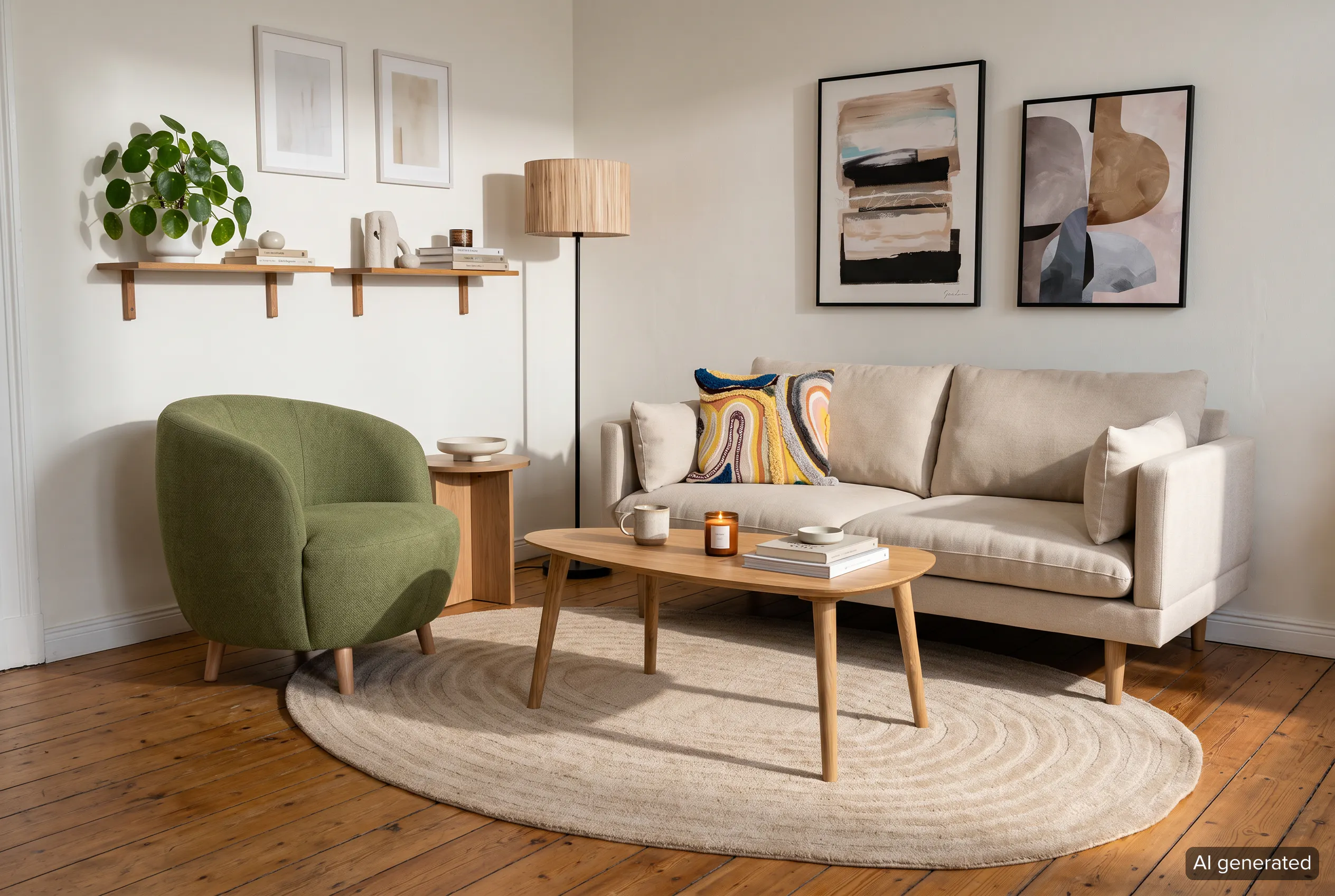 Ein lichtdurchflutetes, modernes Wohnzimmer mit einem beigen Sofa, einem olivgrünen Sessel und einem ovalen Couchtisch aus hellem Holz auf einem strukturierten beigen Teppich, akzentuiert durch abstrakte Wandbilder und schwebende Regale. Bild ist KI-generiert.