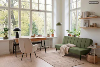 Bild ist KI-generiert. Kombiniertes Arbeits- und Gästezimmer mit geräumigem Schreibtisch und praktischem Klappsofa.