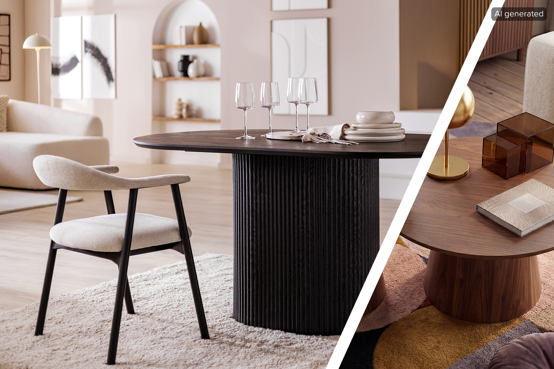 Image générée par IA. Salle à manger moderne avec table noire cannelée et chaises capitonnées ; à droite, deux tables rondes en bois avec des accessoires décoratifs, sur un tapis à motifs.