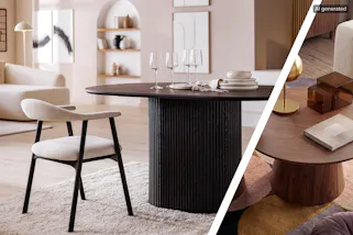Image générée par IA. Salle à manger moderne avec table noire cannelée et chaises capitonnées ; à droite, deux tables rondes en bois avec des accessoires décoratifs, sur un tapis à motifs.
